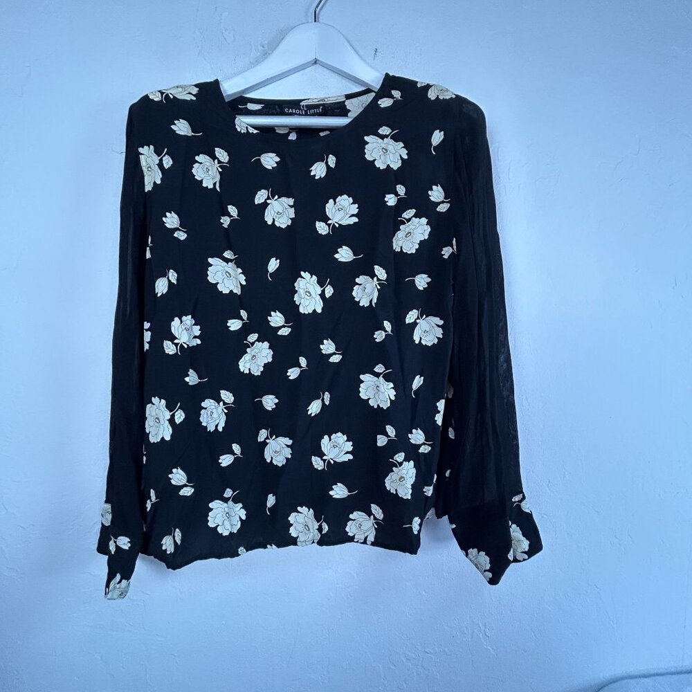 Carole Little Womens Floral Black Long Sleeve Top Blouse Size 10 USA Made NWOT